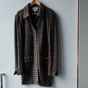 St. John Collection Vintage Textured Knit Striped Studded Long Blazer Jacket
